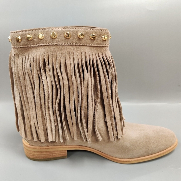 MICHAEL MICHAEL KORS Billy Fringed Ankle Boot Studded Suede Bootie Neutral 6 - Picture 6 of 14